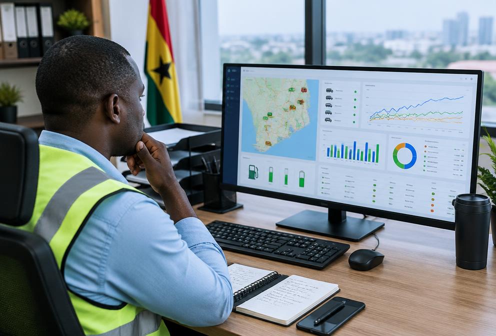 Fleet manager reviewing vehicle locations and fuel reports